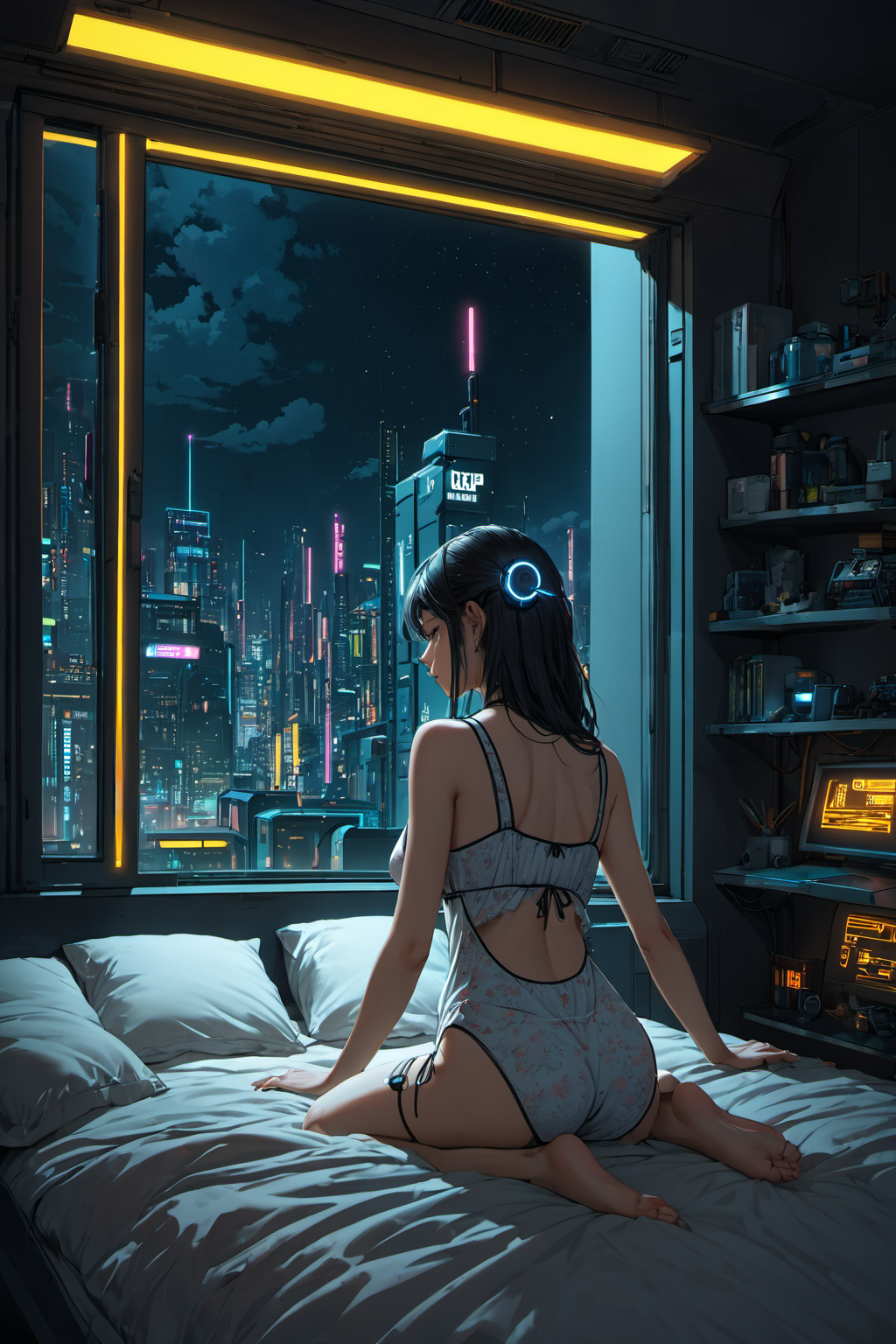 13474-93050765-cyberpunk,night view,the girl is quietly pressing outside the window on the bed,sleepwear,sexy,lazy,neon lights shine on her bed.png